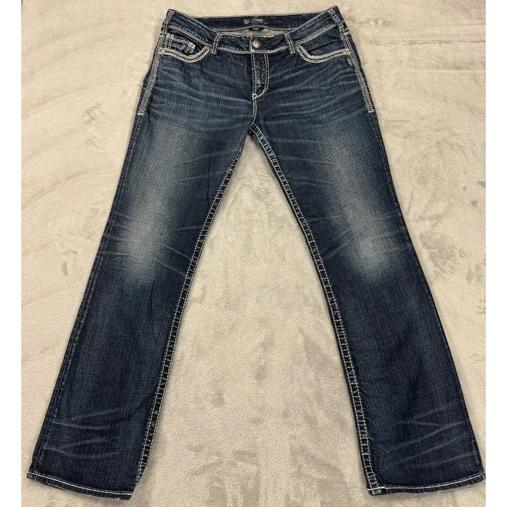 Silver Jeans Co Suki Mid Slim Boot Dark Wash Womens 34x33 Curvy Stretch Denim